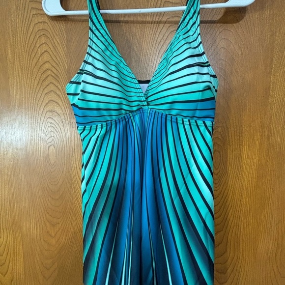 Striped V-Neck Tankini in Blue and Green Stripes - Picture 1 of 6
